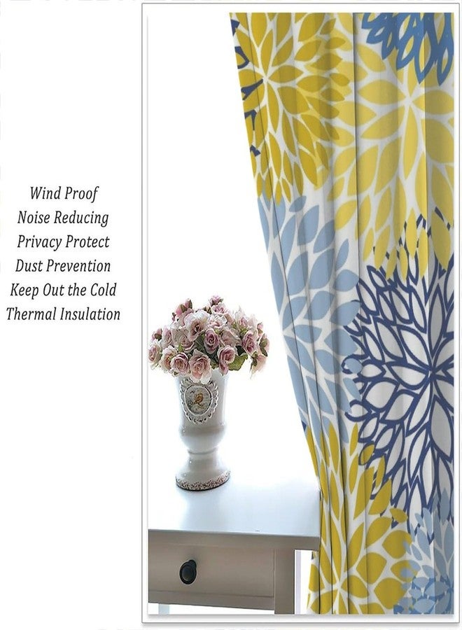 YSWOW Yellow Blue Floral Curtains, Boho Dahlia Chrisanthemum Flowers Art Printed Window Drapes for Bedroom Living Room Kitchen Decor Fabric Set 2 Panel 42x45 Inch 30% Shading Rate - Image 4